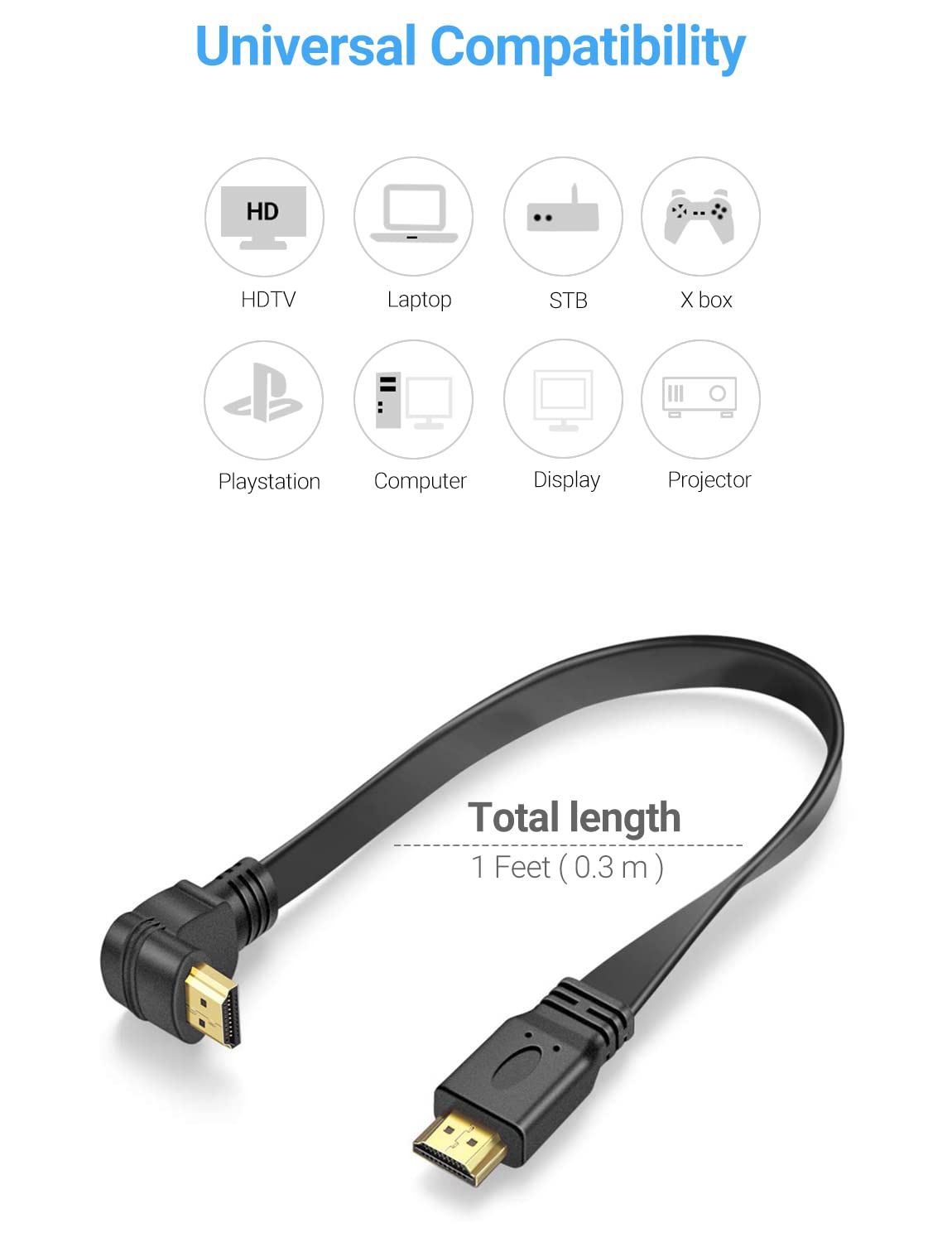 URWOOW URWOOW Flat Slim High Speed HDMI Male to Male 270 Degree Right Angle Extension Cable 1 Feet Adapter Converter - View 5 of 7