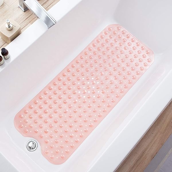 TEESHLY TEESHLY Extra Long Non-Slip Bath Mat 39x16 Inch - Machine Washable Shower Mat with Drain Holes & Suction Cups (Clear Coral Pink)