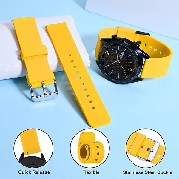 WOCCI WOCCI 20mm Silicone Watch Band Quick Release Rubber Strap with Silver Buckle Yellow - View 3 of 9