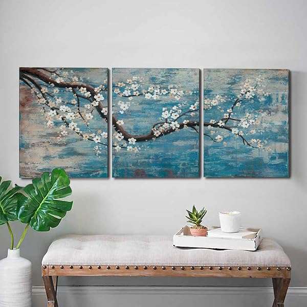 amatop amatop 3 Piece Wall Art Hand-Painted Framed Flower Oil Painting On Canvas Gallery Wrapped Modern Floral Artwork for Living Room Bedroom DÃ©cor Teal Blue Lake Ready to Hang 12"x16"x3 Panel
