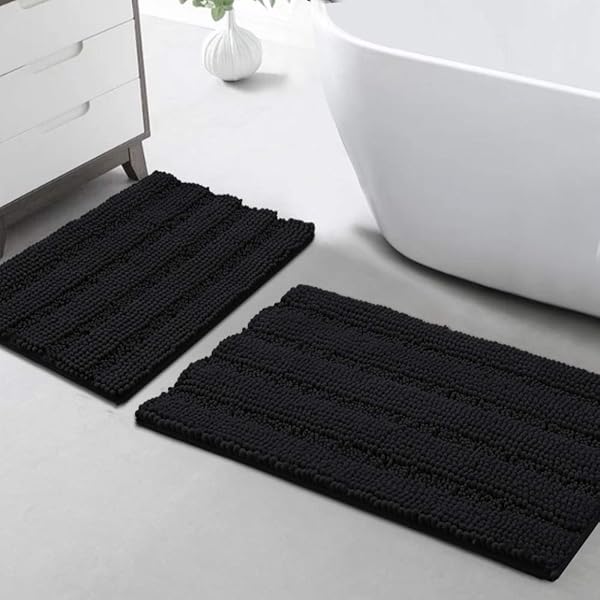 Turquoize Turquoize Chenille Bathroom Rugs Set Non-Slip Extra Soft Absorbent Shaggy Mats for Kitchen Entryway 20x32 and 17x24 Black
