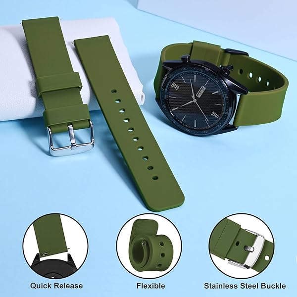 WOCCI WOCCI 22mm Silicone Watch Band Quick Release Rubber Replacement Strap Military Green with Silver Stainless Steel Buckle - View 3 of 9