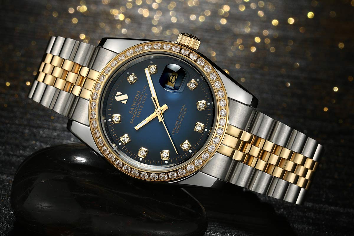 Gosasa Men's Gold Crystal Accented Wrist Watch Stainless Steel Automatic Mechanical Waterproof Gift for Family and Friends Silver Gold Blue - View 3 of 7