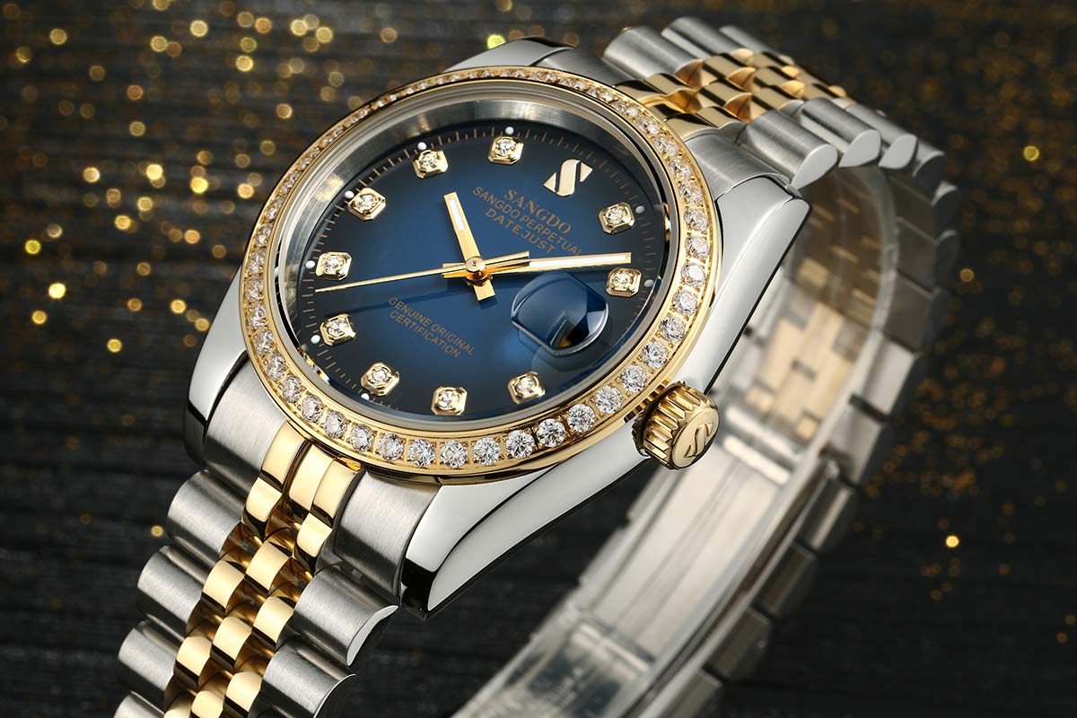 Gosasa Men's Gold Crystal Accented Wrist Watch Stainless Steel Automatic Mechanical Waterproof Gift for Family and Friends Silver Gold Blue - View 4 of 7