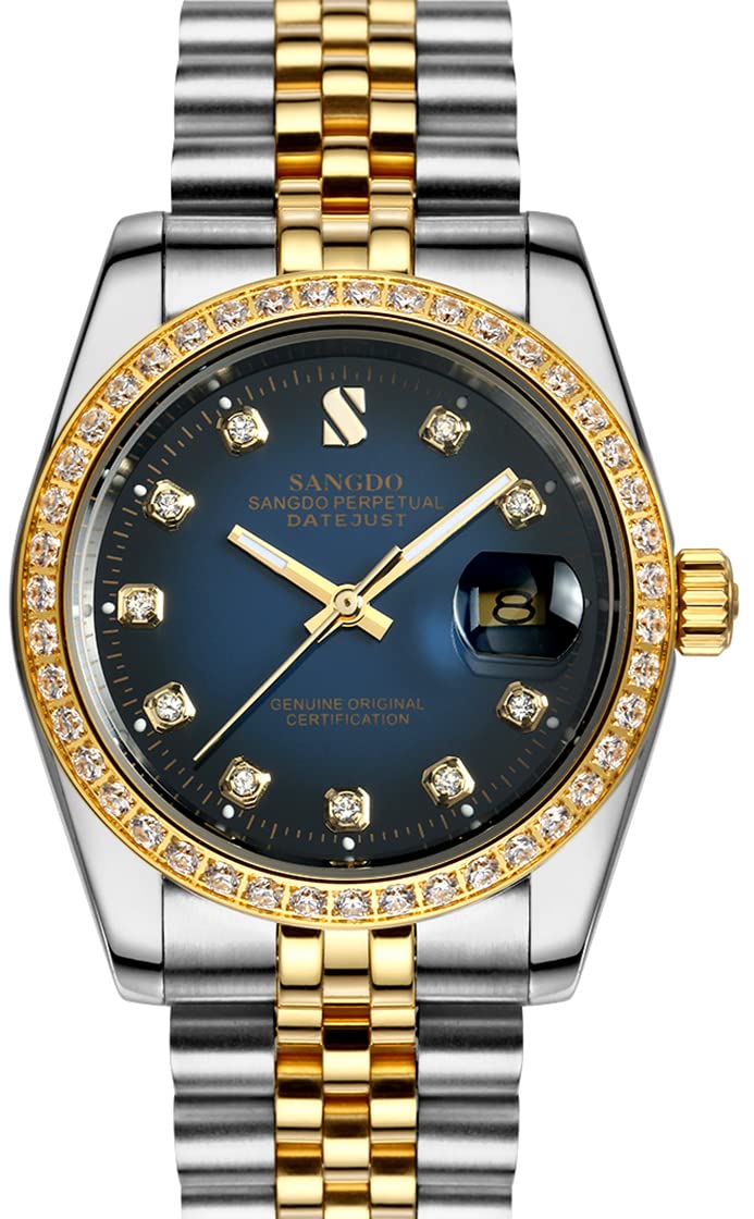 Men's Gold Crystal Accented Wrist Watch Stainless Steel Automatic Mechanical Waterproof Gift for Family and Friends Silver Gold Blue