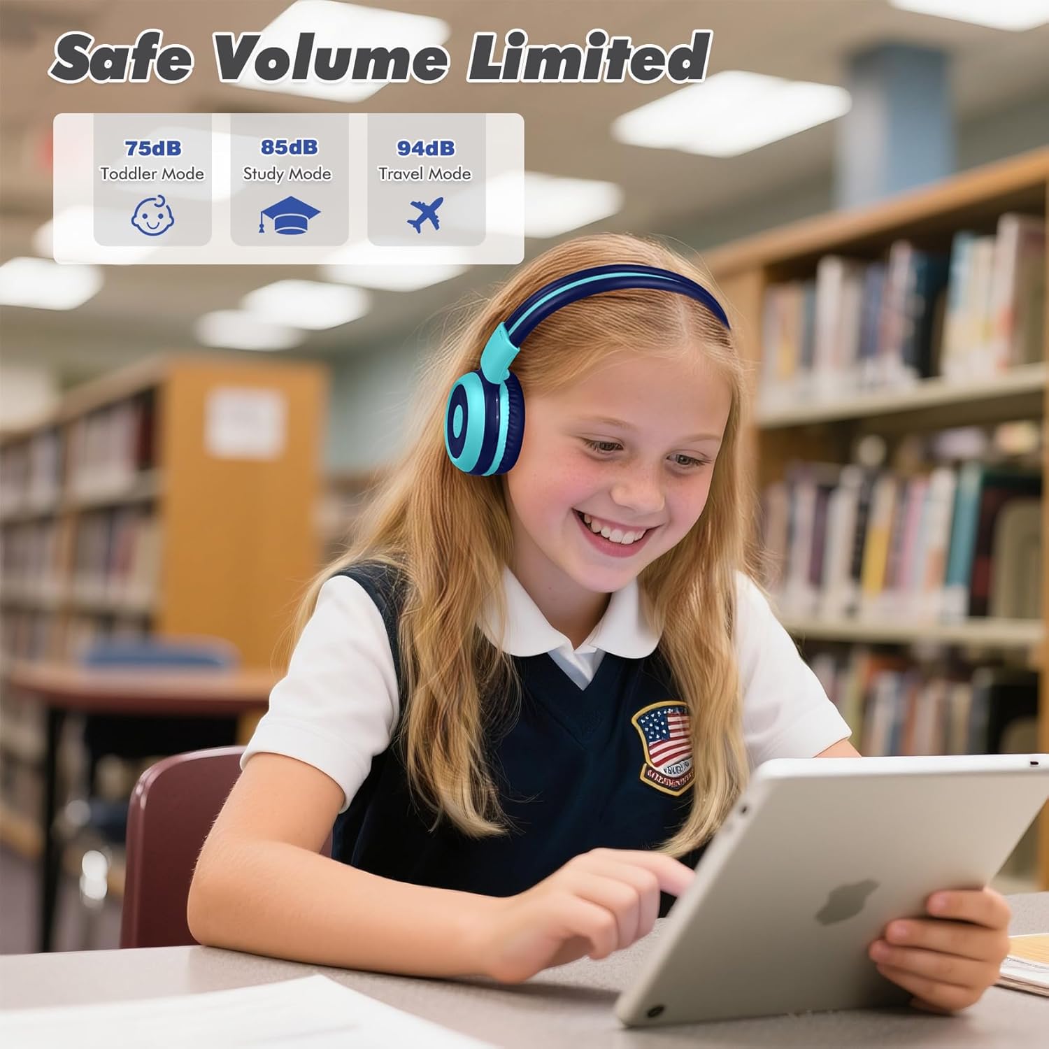 SIMOLIO SIMOLIO Kids Bluetooth Headphones with Microphone Volume Limit Foldable Lightweight Adjustable Wireless for Boys Girls Children Tablet iPad Blue - View 2 of 8