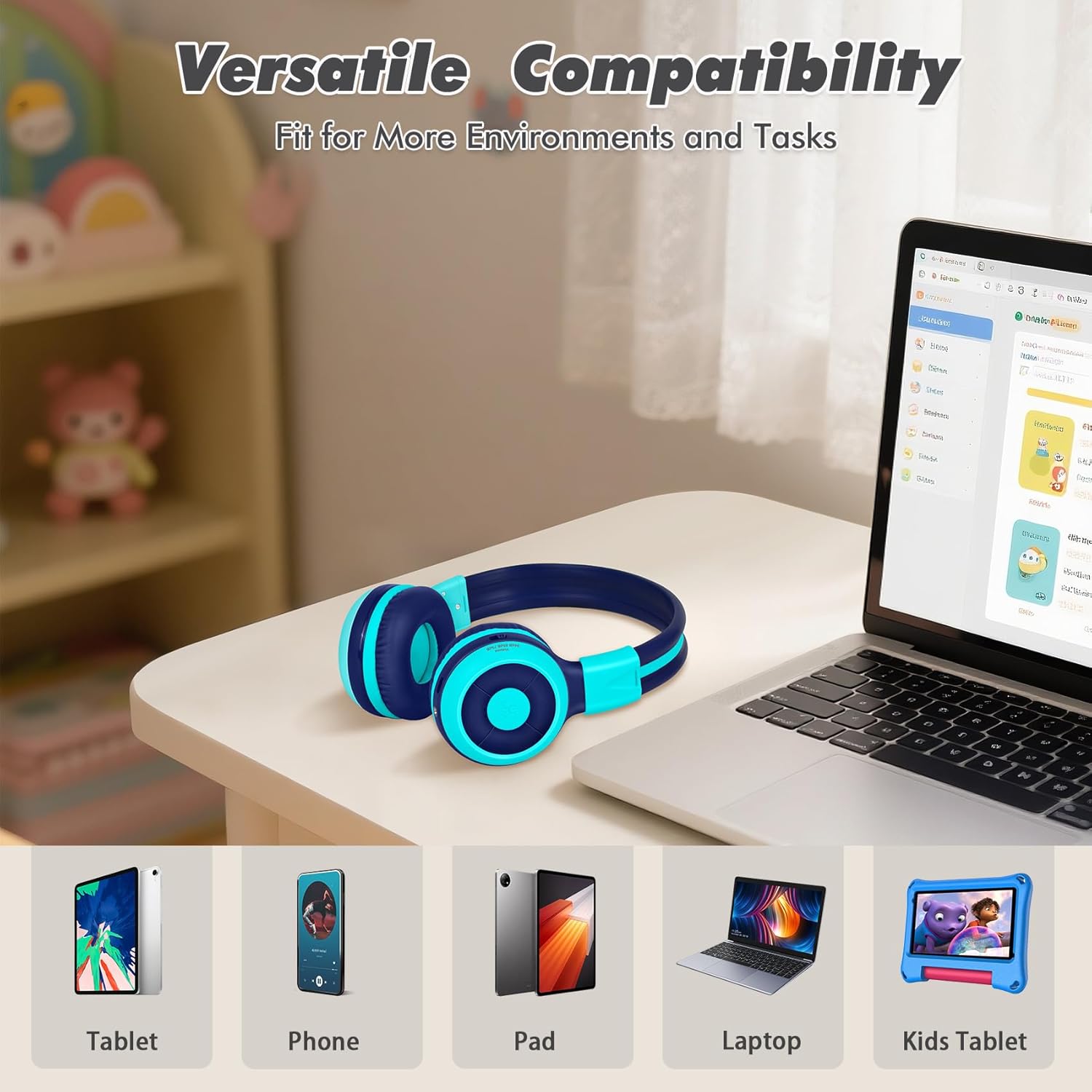 SIMOLIO SIMOLIO Kids Bluetooth Headphones with Microphone Volume Limit Foldable Lightweight Adjustable Wireless for Boys Girls Children Tablet iPad Blue - View 4 of 8