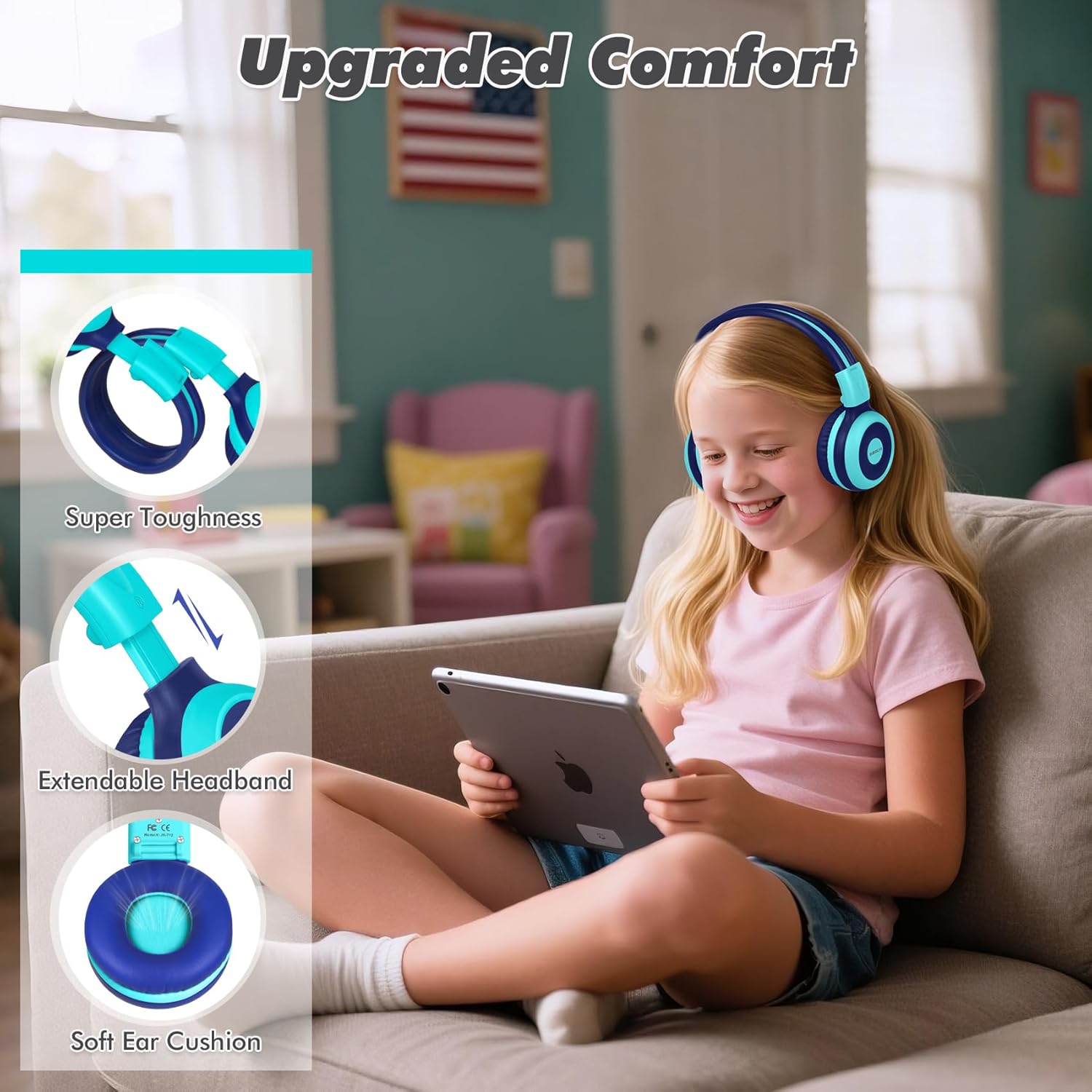 SIMOLIO SIMOLIO Kids Bluetooth Headphones with Microphone Volume Limit Foldable Lightweight Adjustable Wireless for Boys Girls Children Tablet iPad Blue - View 6 of 8