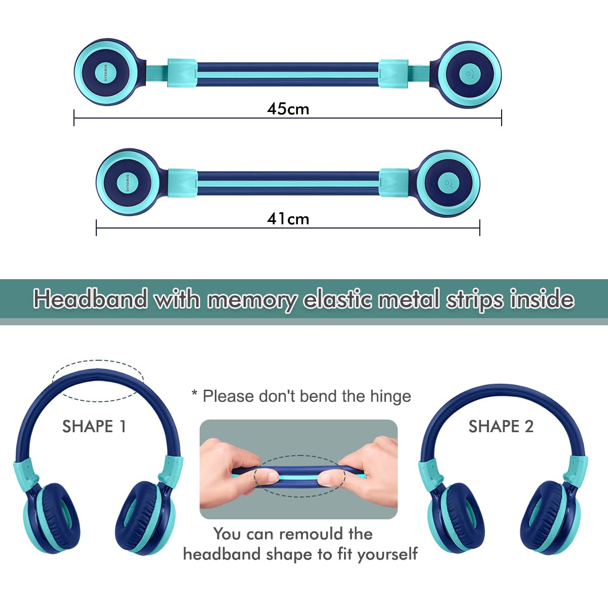 SIMOLIO SIMOLIO Kids Bluetooth Headphones with Microphone Volume Limit Foldable Lightweight Adjustable Wireless for Boys Girls Children Tablet iPad Blue - View 8 of 8