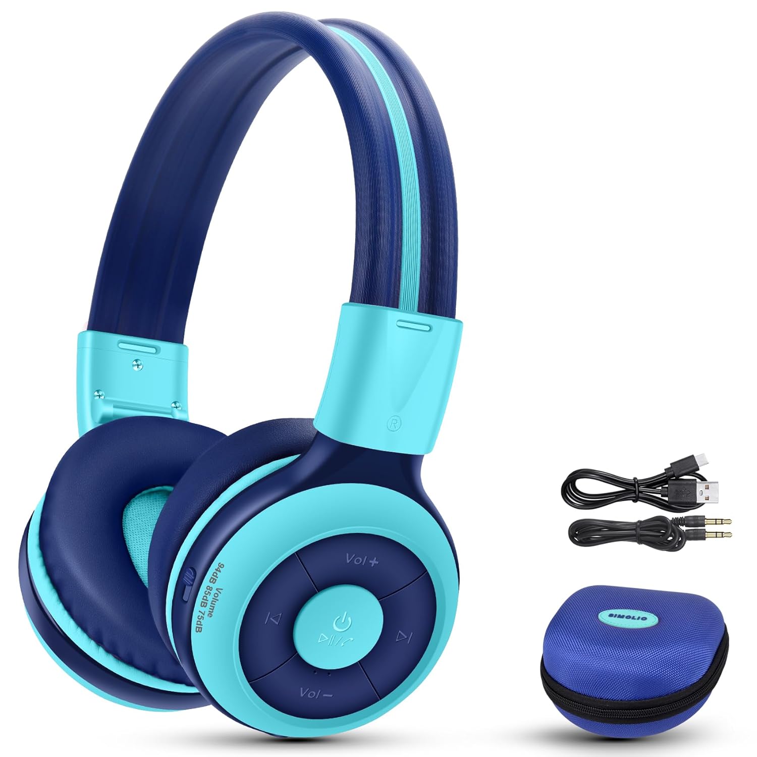 SIMOLIO Kids Bluetooth Headphones with Microphone Volume Limit Foldable Lightweight Adjustable Wireless for Boys Girls Children Tablet iPad Blue