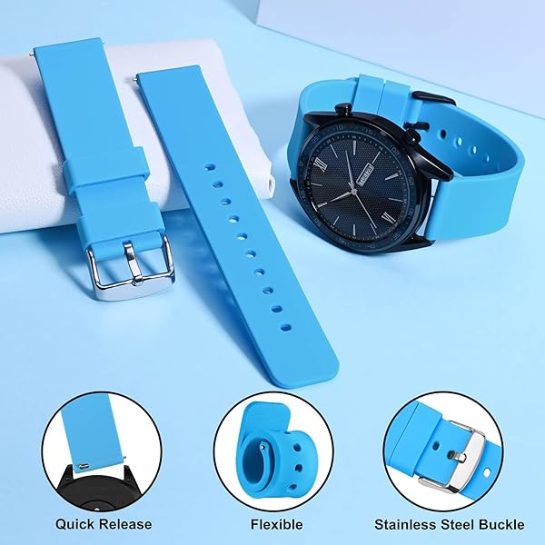 WOCCI WOCCI 18mm Silicone Watch Band Quick Release Rubber Strap with Silver Buckle Sky Blue - View 3 of 9