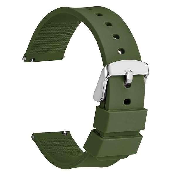 WOCCI 18mm Silicone Watch Band - Quick Release Rubber Strap with Silver Buckle in Military Green