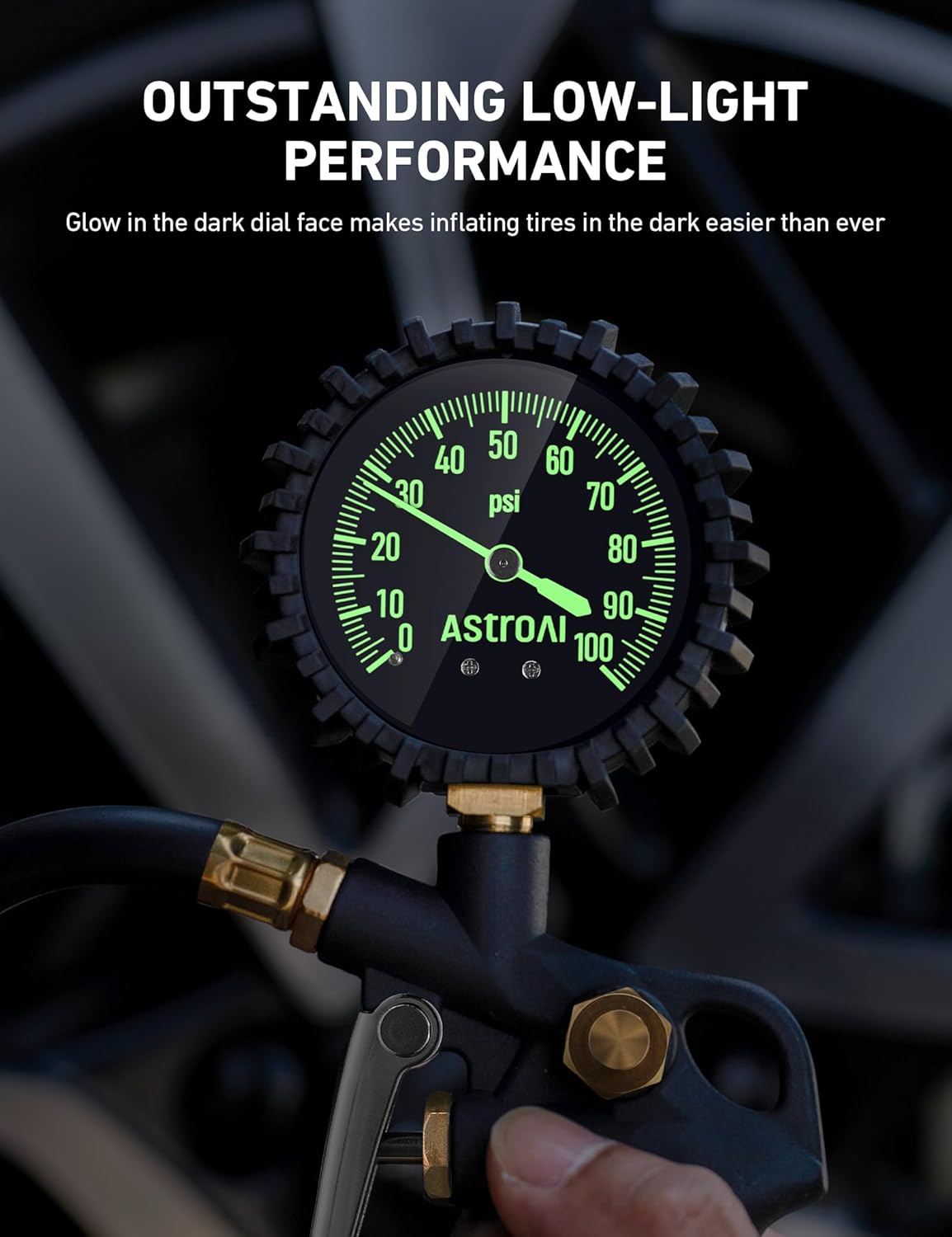AstroAI AstroAI Tire Pressure Gauge with Inflator 100 PSI Accurate Large Easy Read Glow Dial Heavy Duty Air Chuck and Compressor Accessories - View 2 of 7