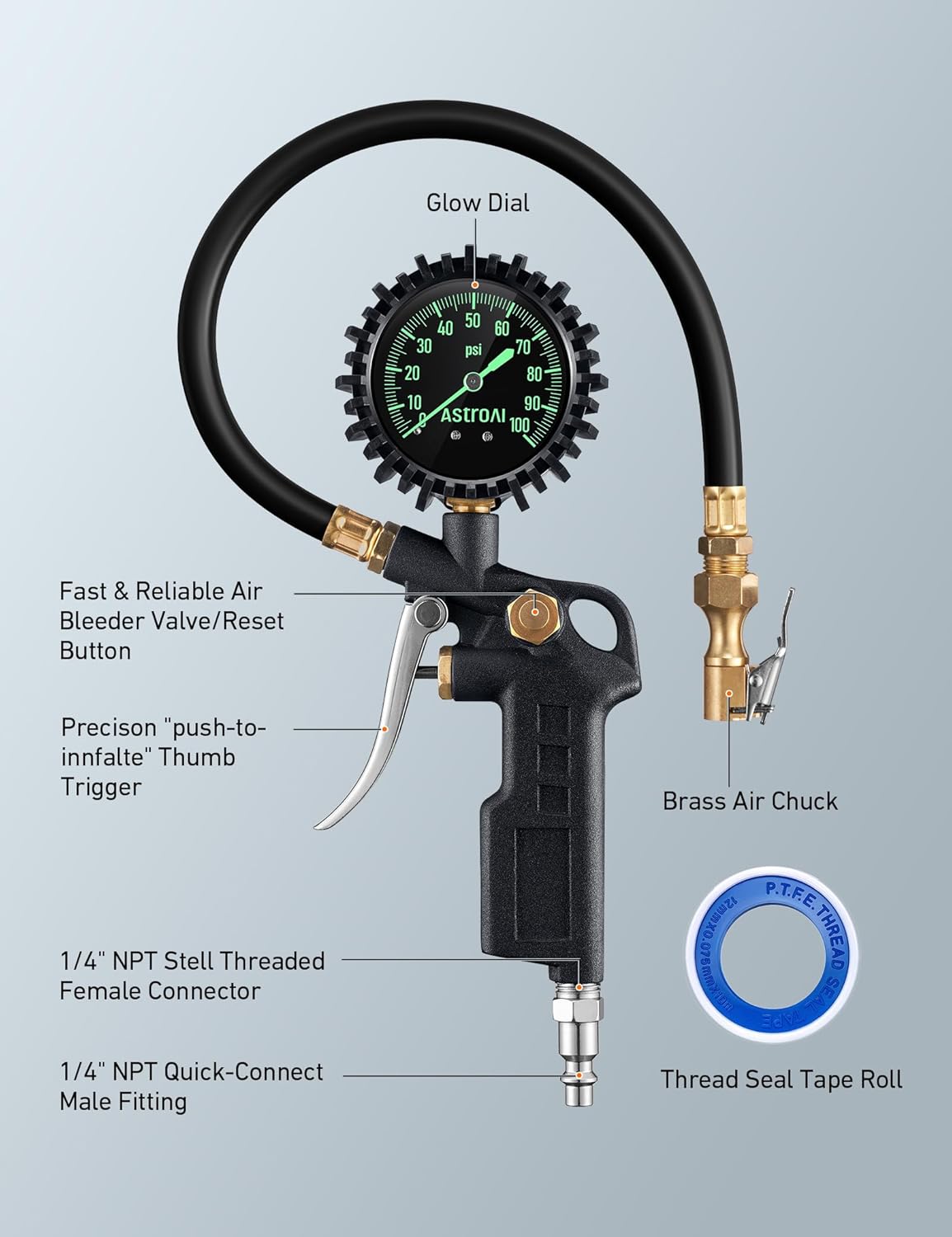 AstroAI AstroAI Tire Pressure Gauge with Inflator 100 PSI Accurate Large Easy Read Glow Dial Heavy Duty Air Chuck and Compressor Accessories - View 6 of 7