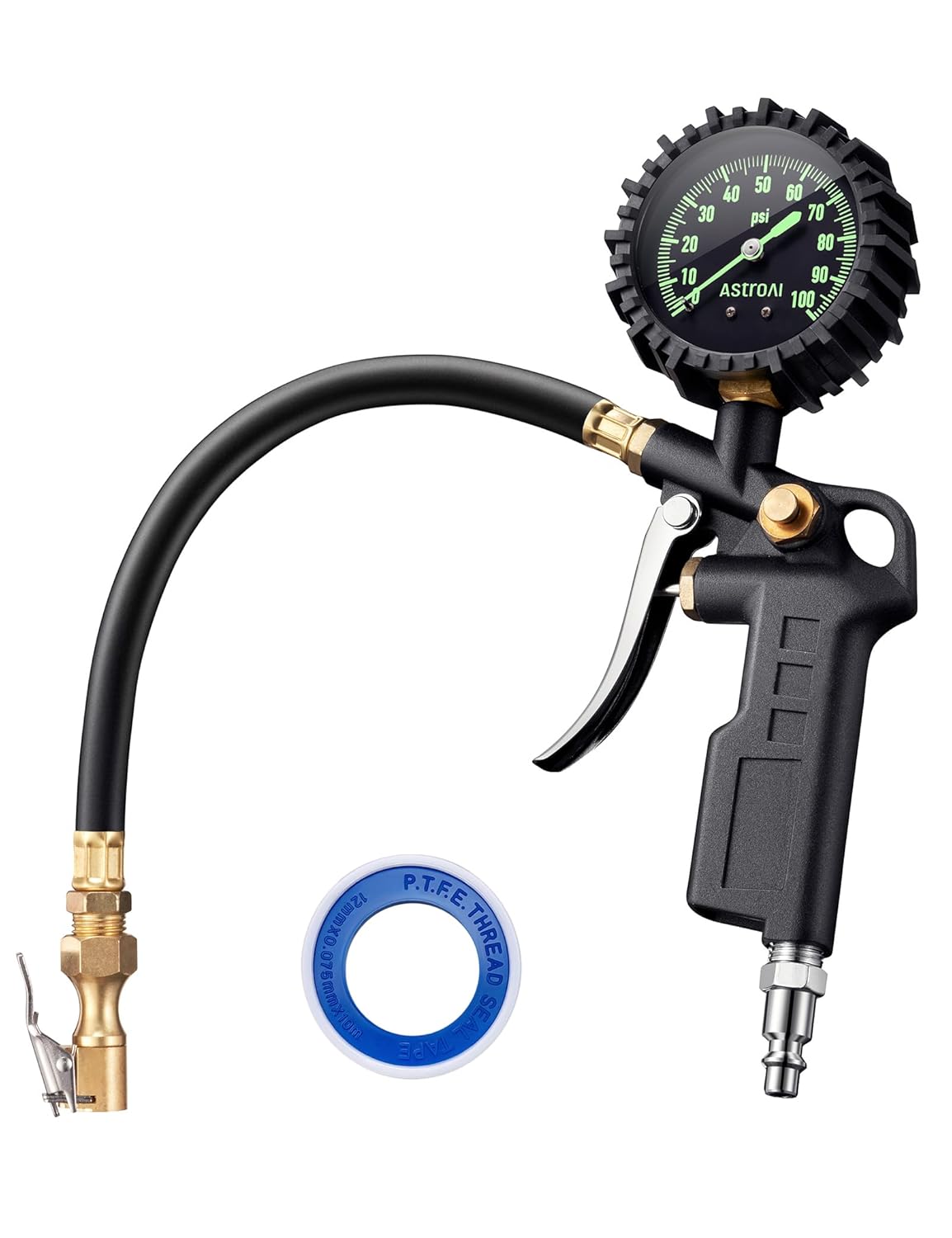 AstroAI Tire Pressure Gauge with Inflator 100 PSI Accurate Large Easy Read Glow Dial Heavy Duty Air Chuck and Compressor Accessories