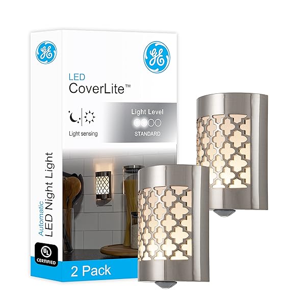 GE GE CoverLite LED Night Light 2-Pack with Dusk to Dawn Sensor - Stylish Brushed Nickel for Bedroom, Bathroom & Hallway Decor