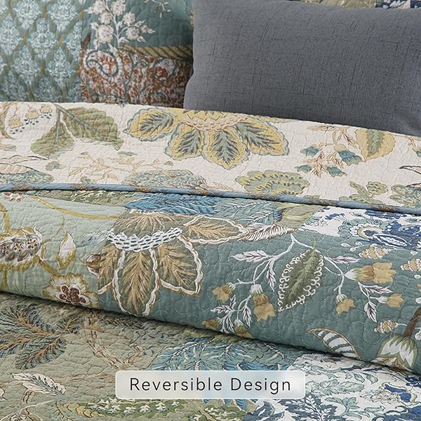 YAYIDAY YAYIDAY Queen Size Patchwork Bedspread 100 Cotton Reversible Green Leaves Quilted Quilt with Pillow Shams for All Seasons - View 6 of 6