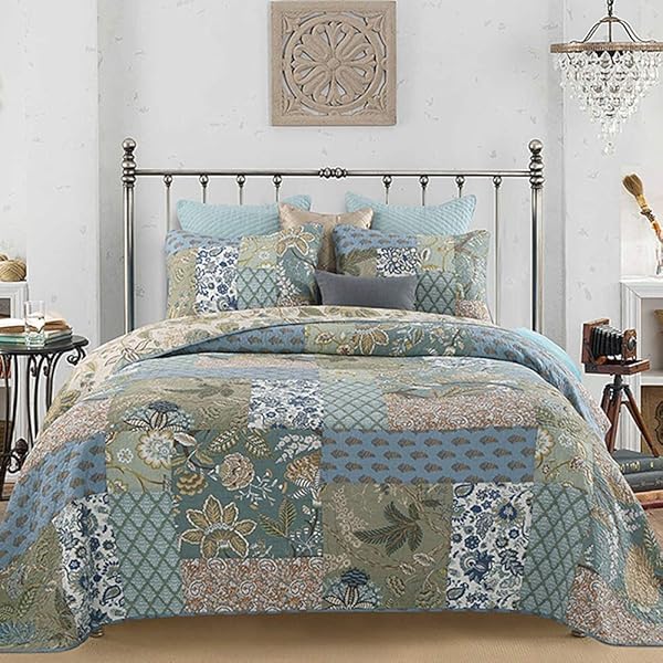 YAYIDAY YAYIDAY Queen Size Patchwork Bedspread 100 Cotton Reversible Green Leaves Quilted Quilt with Pillow Shams for All Seasons