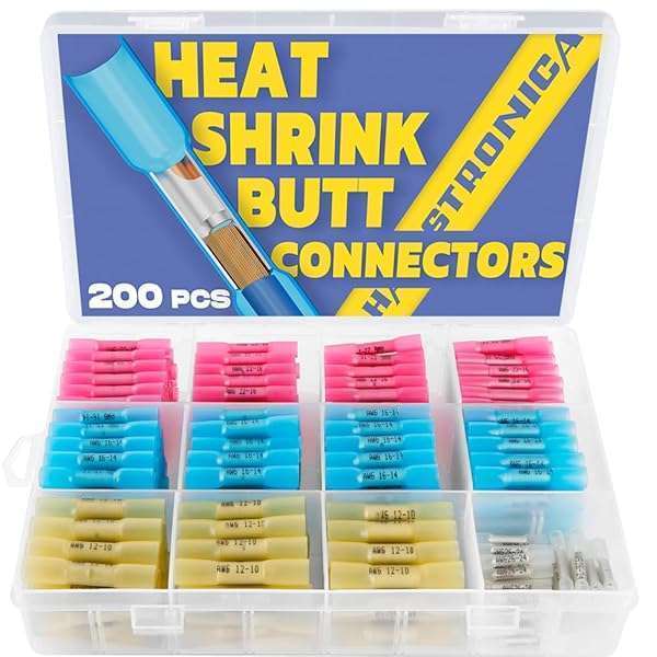 haisstronica 200PCS Marine Grade Heat Shrink Wire Butt Connectors - Waterproof Tinned Copper, 26-10 Gauge, 4 Colors & Sizes