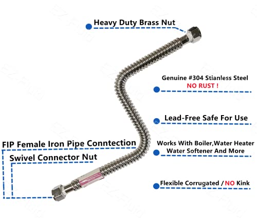 EZ-FLUID EZ-Fluid 12 Inch Corrugated Flexible Stainless Steel Water Heater Connector Supply Line for Female Iron Water Pipes Fitting 1 Pc - View 2 of 6