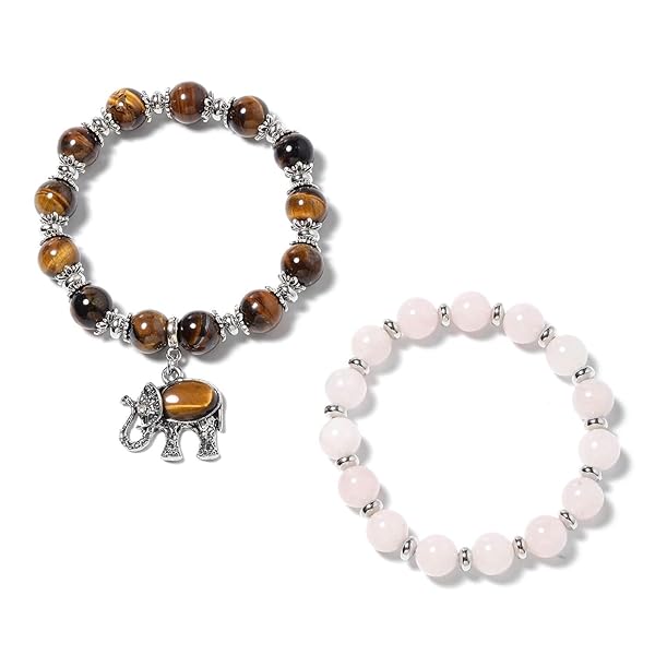SHOP LC DELIVERING JOY Shop LC Tiger's Eye Elephant Charm & Rose Quartz Beaded Bracelet Set for Women - Stylish & Stretchable Jewelry