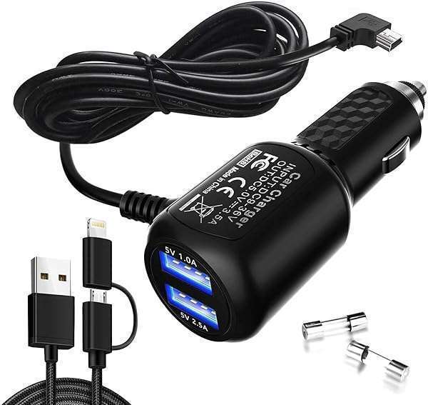 Plozoe Dual Port USB Car Charger for Garmin Nuvi C255 & GPS Devices - Mini USB Power Cable