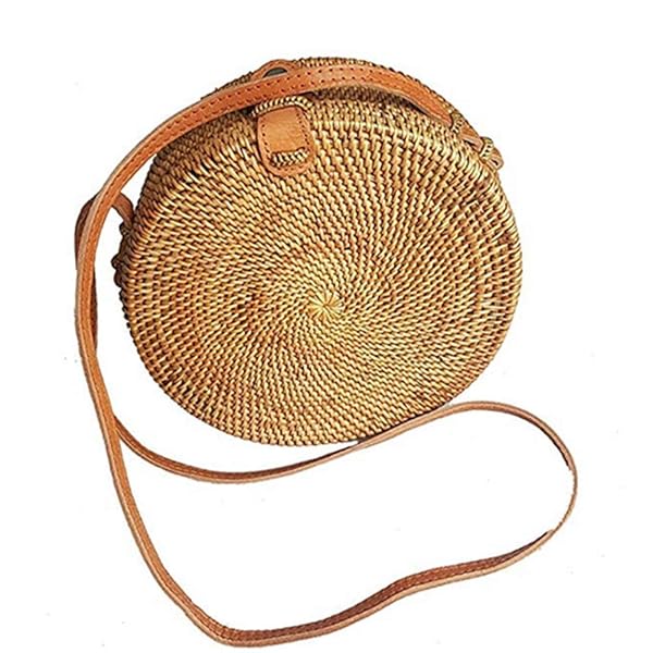 Kbinter Handmade Kbinter Round Rattan Straw Bag for Women - Chic Boho Shoulder Purse with Leather Straps