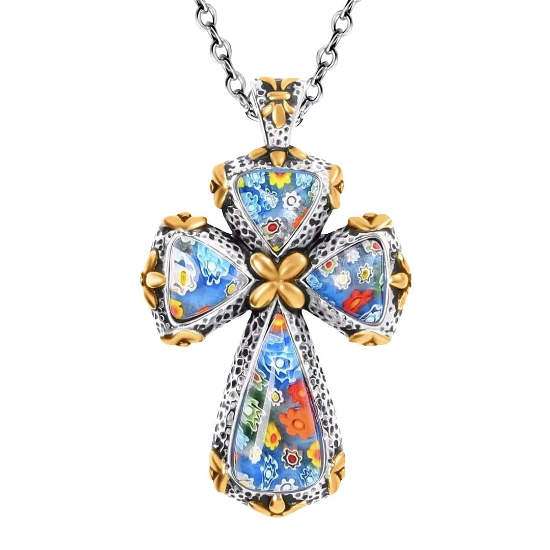 "Shop LC Rainbow Cross Necklace - Murano Millefiori Glass, Enameled Stainless Steel, 20" - Perfect Christian Gift!"