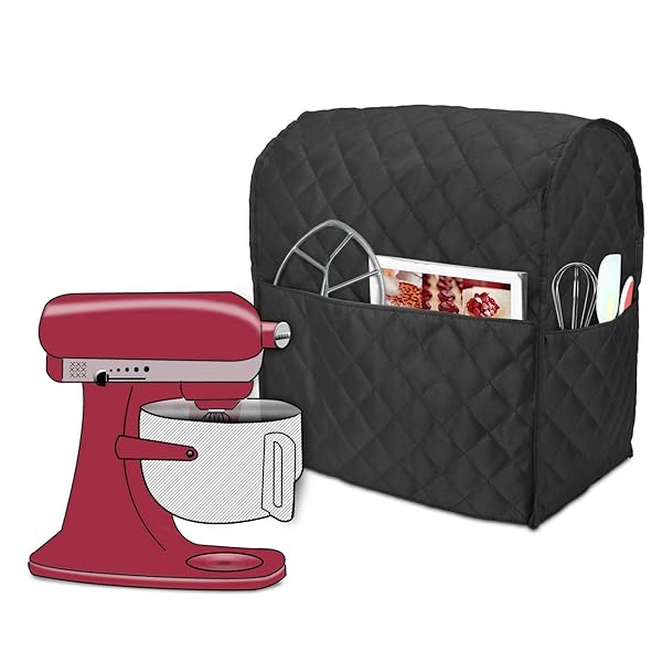 LUXJA Luxja Dust Cover for 6-8 Quart Stand Mixer - Quilted Fabric with Pockets for Accessories, Black