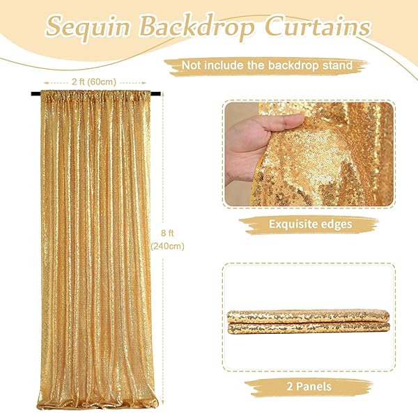 SoarDream Gold Sequin Backdrop Curtain Panels - 2FTx8FT Sheer Curtains for Weddings, Parties & Christmas Decor - View 4 of 9