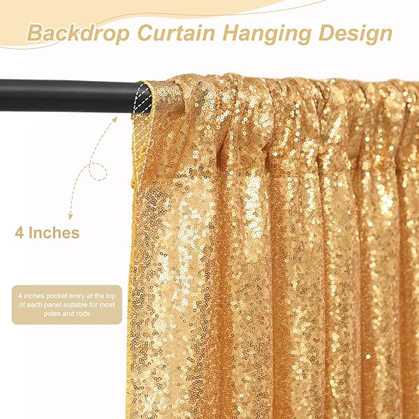 SoarDream Gold Sequin Backdrop Curtain Panels - 2FTx8FT Sheer Curtains for Weddings, Parties & Christmas Decor - View 6 of 9