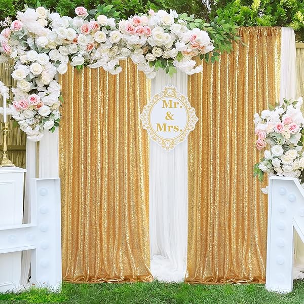 SoarDream Gold Sequin Backdrop Curtain Panels - 2FTx8FT Sheer Curtains for Weddings, Parties & Christmas Decor - View 7 of 9