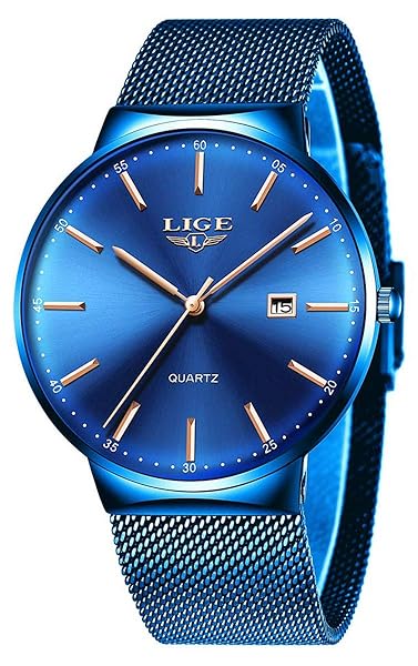 Gosasa Luxury Ultra Thin Mens Bracelet Watch Stainless Steel Mesh Date Sports Quartz Wrist Watch for Men in Blue