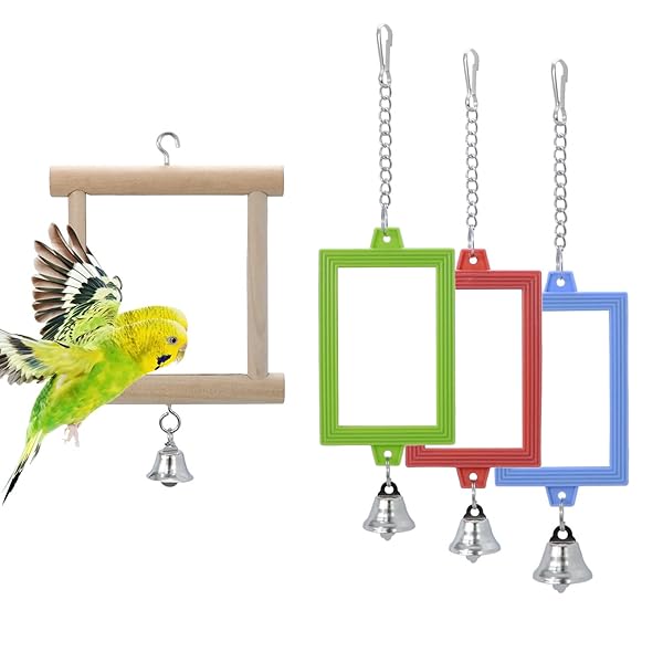 Wontee 4 PCS Bird Mirror with Bell Parrot Hanging Toy for Cockatiel Parakeets Canaries Budgie Cage Accessories