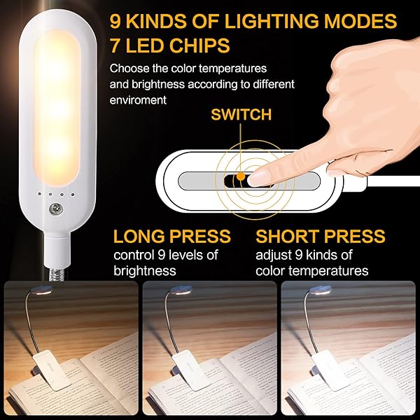 VAVOFO VAVOFO Clip On Book Light 7 LED Reading Light 9-Level Warm Cool White Eye Care Lamp for Kids and Bookworms White - View 2 of 6
