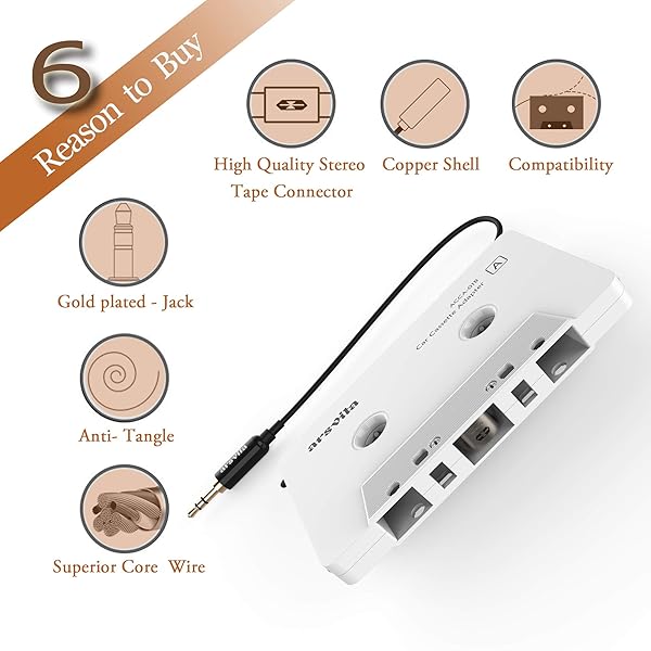 arsvita arsvita Car Audio Aux Cassette Adapter with Type C to 3.5mm Audio Aux Jack Adapter for Google Samsung Xiaomi Huawei Devices White - View 2 of 8