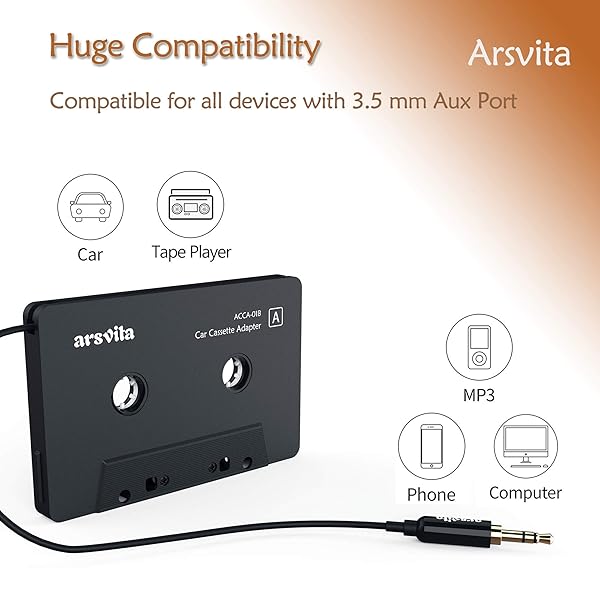 arsvita arsvita Car Audio Aux Cassette Adapter with Type C to 3.5mm Audio Aux Jack Adapter for Google Samsung Xiaomi Huawei Devices White - View 7 of 8
