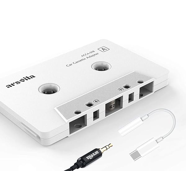 arsvita Car Audio Aux Cassette Adapter with Type C to 3.5mm Audio Aux Jack Adapter for Google Samsung Xiaomi Huawei Devices White