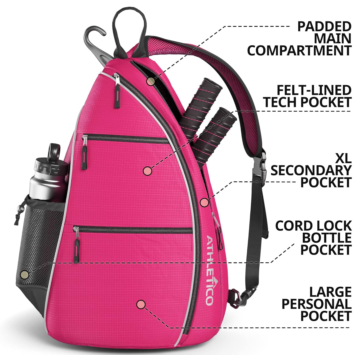 Athletico Athletico Sling Bag Crossbody Backpack for Pickleball Tennis Racketball Travel for Men and Women Pink - View 2 of 9