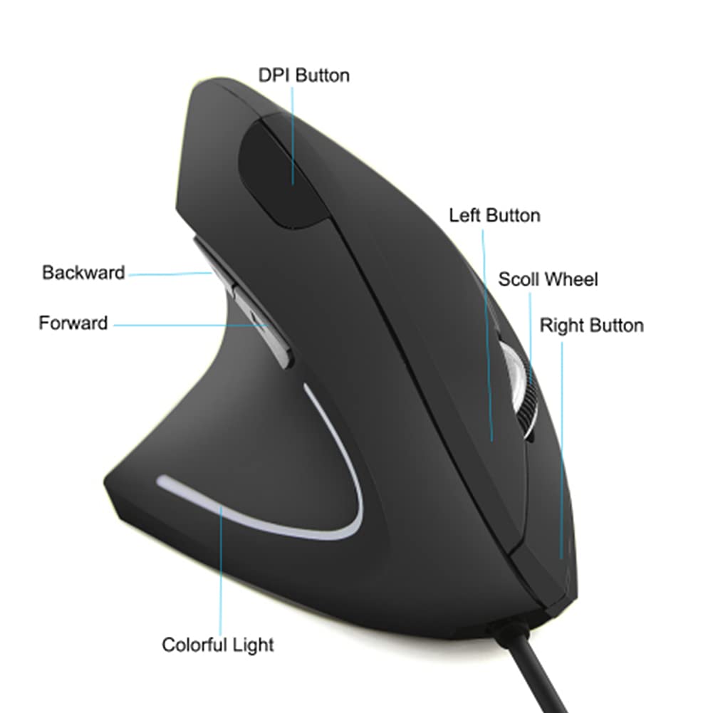 Wendry Ergonomic Left Handed Vertical USB Wired Mouse with 3 Adjustable DPI and 6 Programmable Buttons for Laptop and Desktop Gaming - View 4 of 9