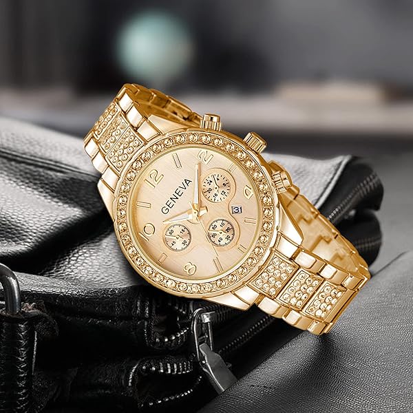 FANMIS FANMIS Unisex Luxury Pave Crystal Diamonds Quartz Watch - B Gold Stainless Steel Bracelet - View 3 of 10