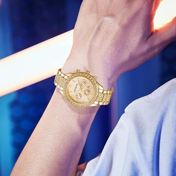 FANMIS FANMIS Unisex Luxury Pave Crystal Diamonds Quartz Watch - B Gold Stainless Steel Bracelet - View 6 of 10
