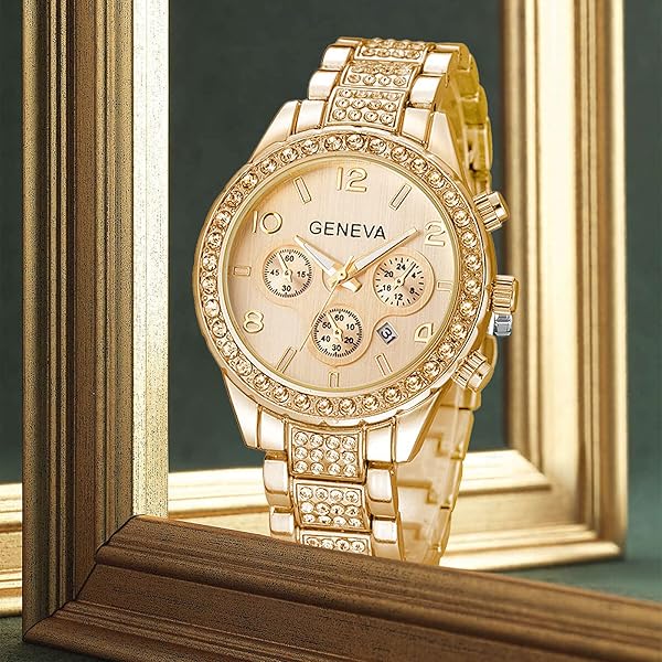 FANMIS FANMIS Unisex Luxury Pave Crystal Diamonds Quartz Watch - B Gold Stainless Steel Bracelet - View 8 of 10