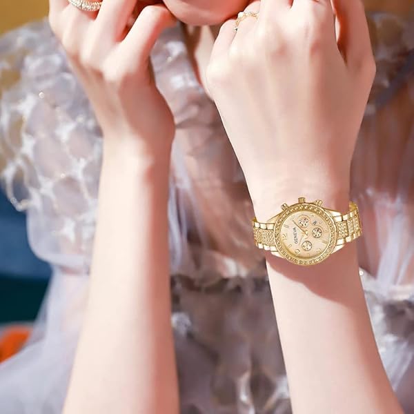 FANMIS FANMIS Unisex Luxury Pave Crystal Diamonds Quartz Watch - B Gold Stainless Steel Bracelet - View 9 of 10