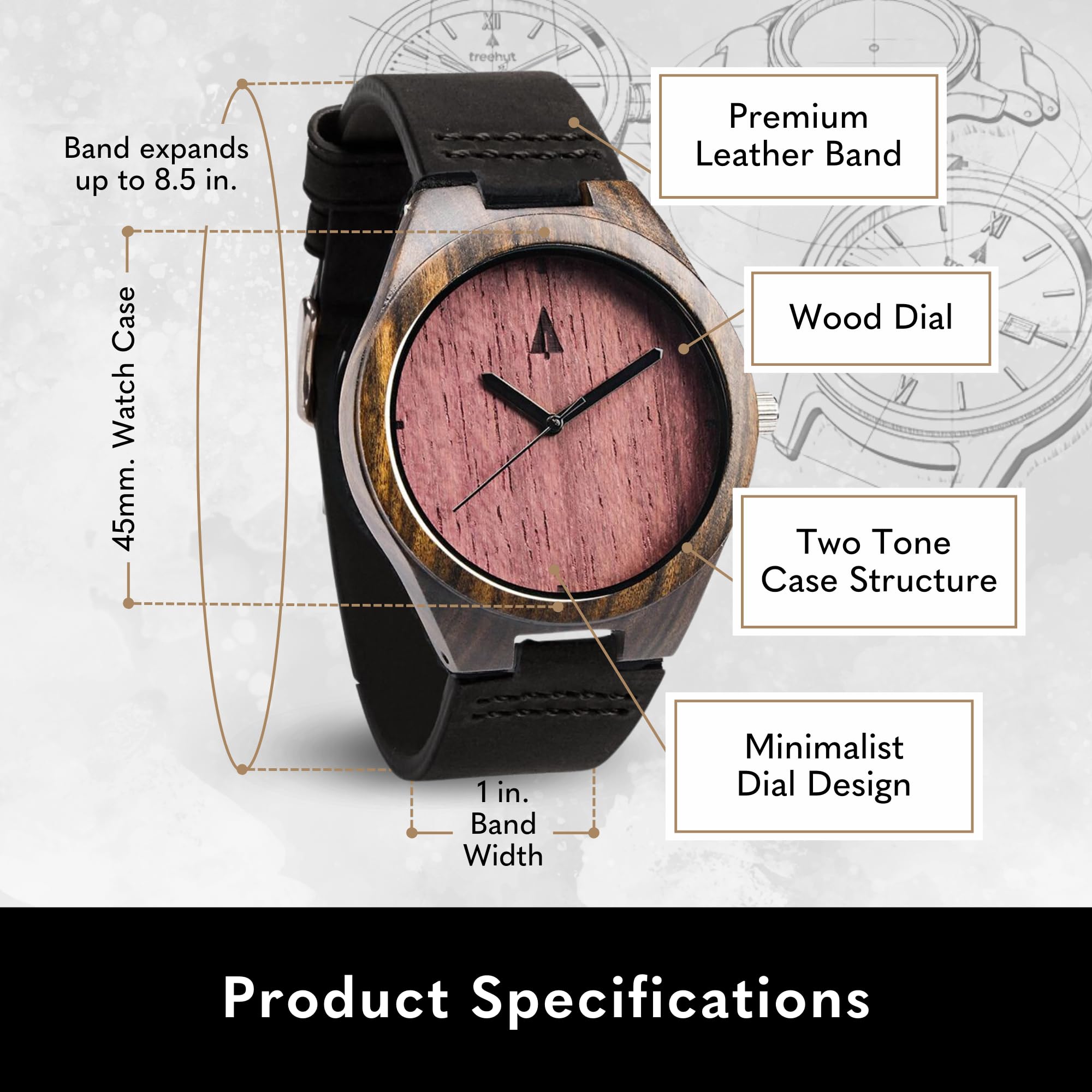 Treehut Wooden Watches for Men with Japanese Miyota Movement Stylish Bamboo Wood Wrist Watch Adjustable Stainless Steel Buckle Leather Straps - View 4 of 8