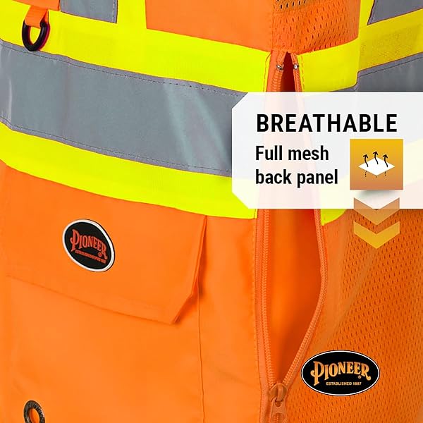 PIONEER Pioneer Safety Vest for Men Hi Vis Reflective Neon Cool Mesh Back Panel 12 Pockets Zipper for Surveyor Work Orange Yellow Green - View 2 of 8