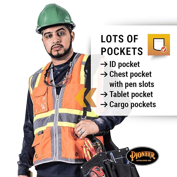 PIONEER Pioneer Safety Vest for Men Hi Vis Reflective Neon Cool Mesh Back Panel 12 Pockets Zipper for Surveyor Work Orange Yellow Green - View 4 of 8