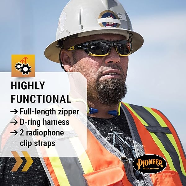 PIONEER Pioneer Safety Vest for Men Hi Vis Reflective Neon Cool Mesh Back Panel 12 Pockets Zipper for Surveyor Work Orange Yellow Green - View 7 of 8