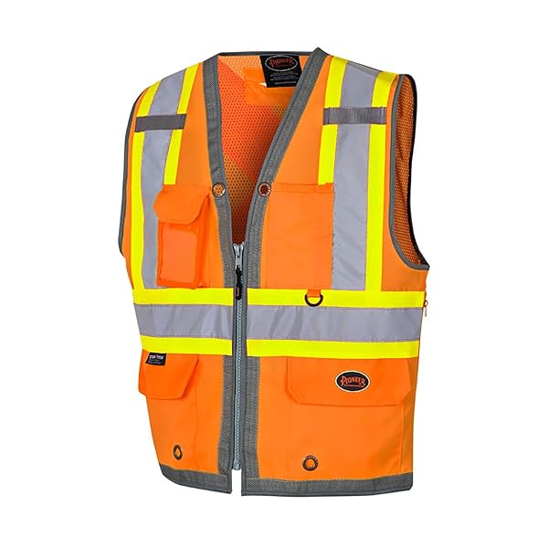 PIONEER Pioneer Safety Vest for Men Hi Vis Reflective Neon Cool Mesh Back Panel 12 Pockets Zipper for Surveyor Work Orange Yellow Green