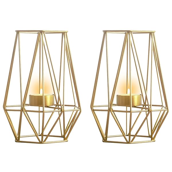 NUPTIO Metal Hexagon Shaped Tea Light Candle Holders Set of 2 for Vintage Wedding Home Decoration Gold Iron Geometric Design